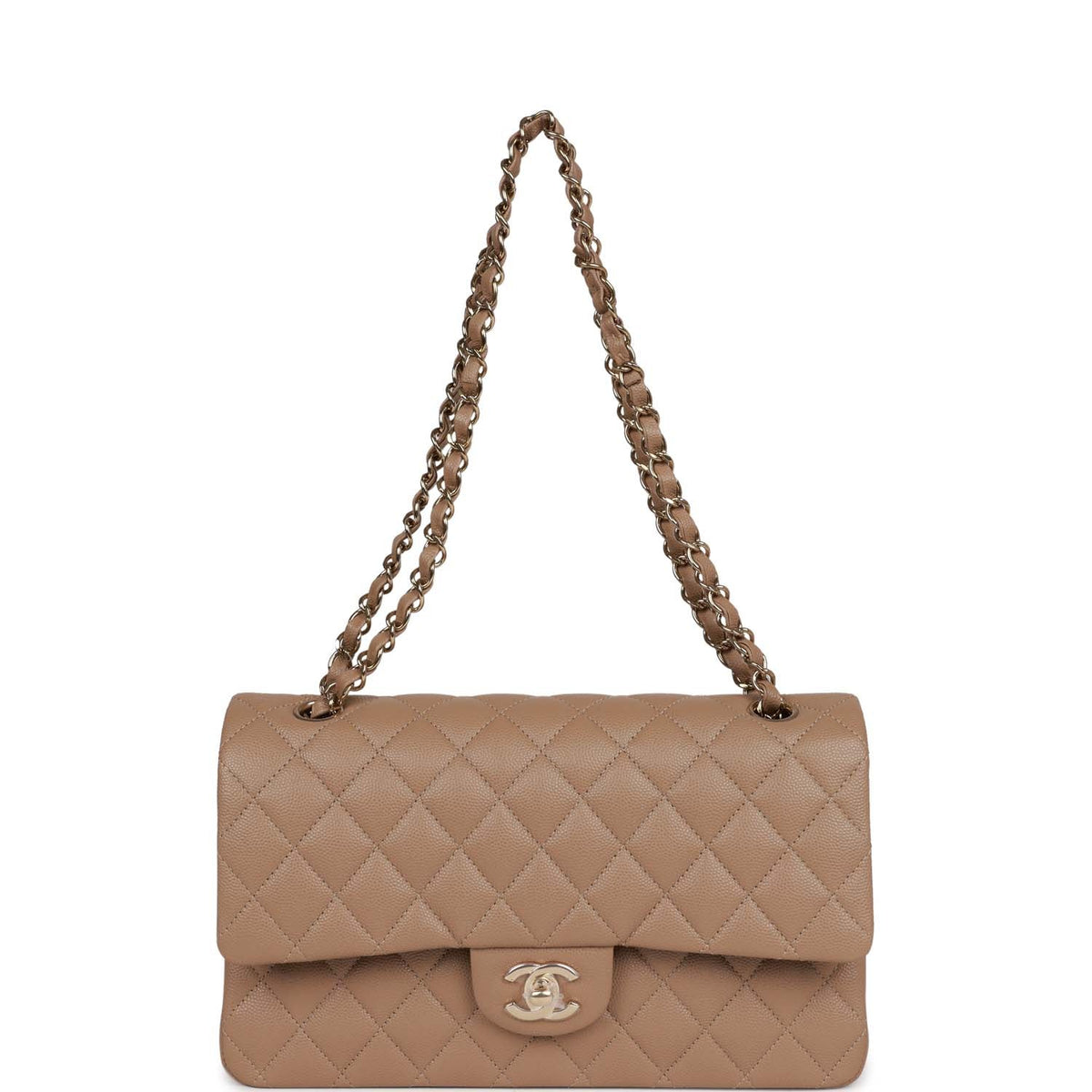 Chanel Medium Classic Double Flap Bag Dark Beige Caviar Light Gold Hardware