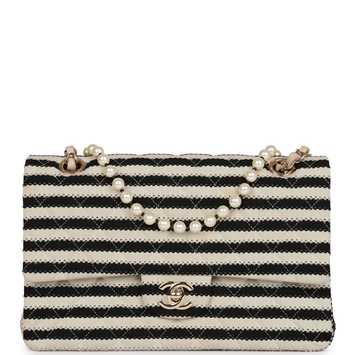 Chanel Medium Classic Double Flap Bag Black and Beige Striped Silk Light Gold Hardware