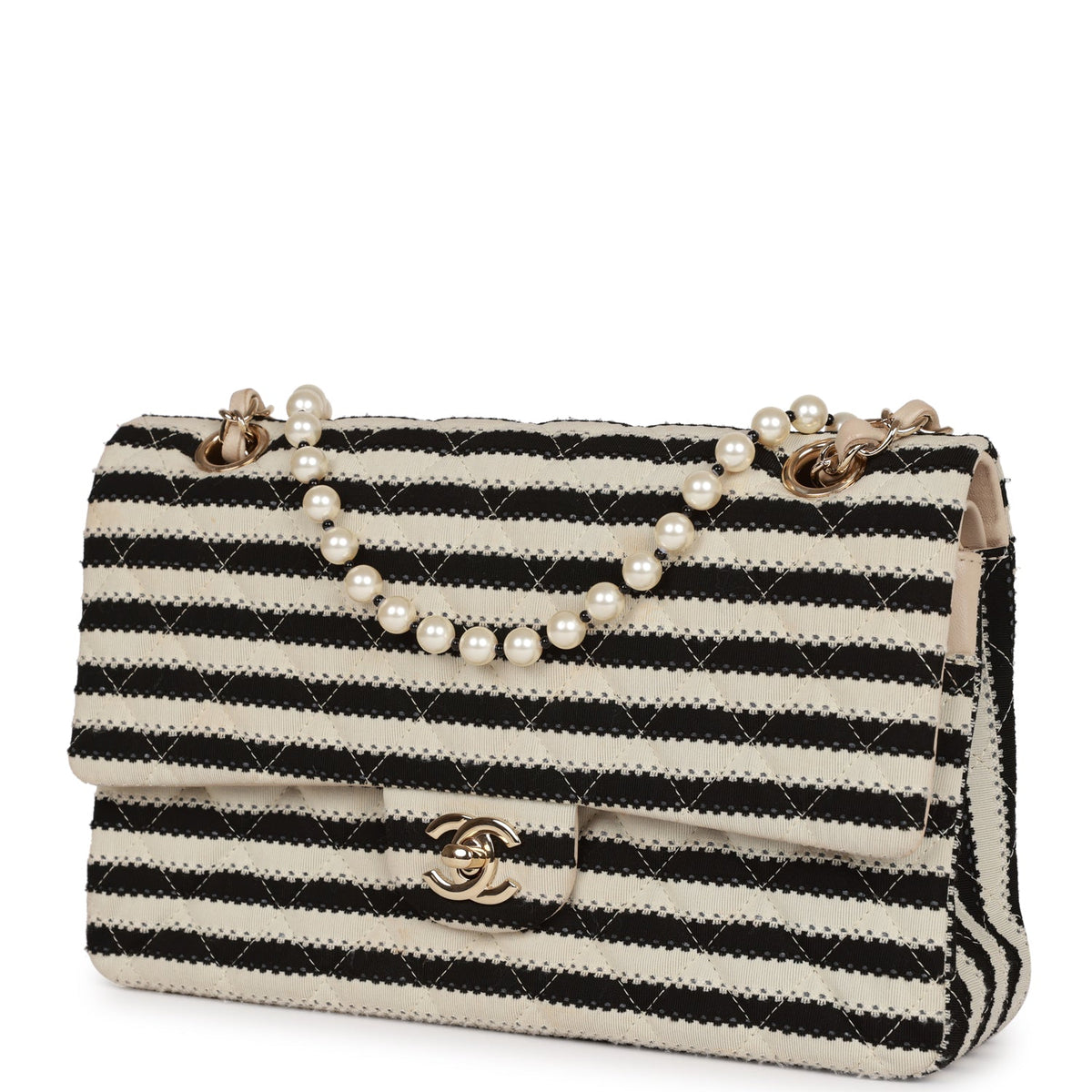 Chanel Medium Classic Double Flap Bag Black and Beige Striped Silk Light Gold Hardware