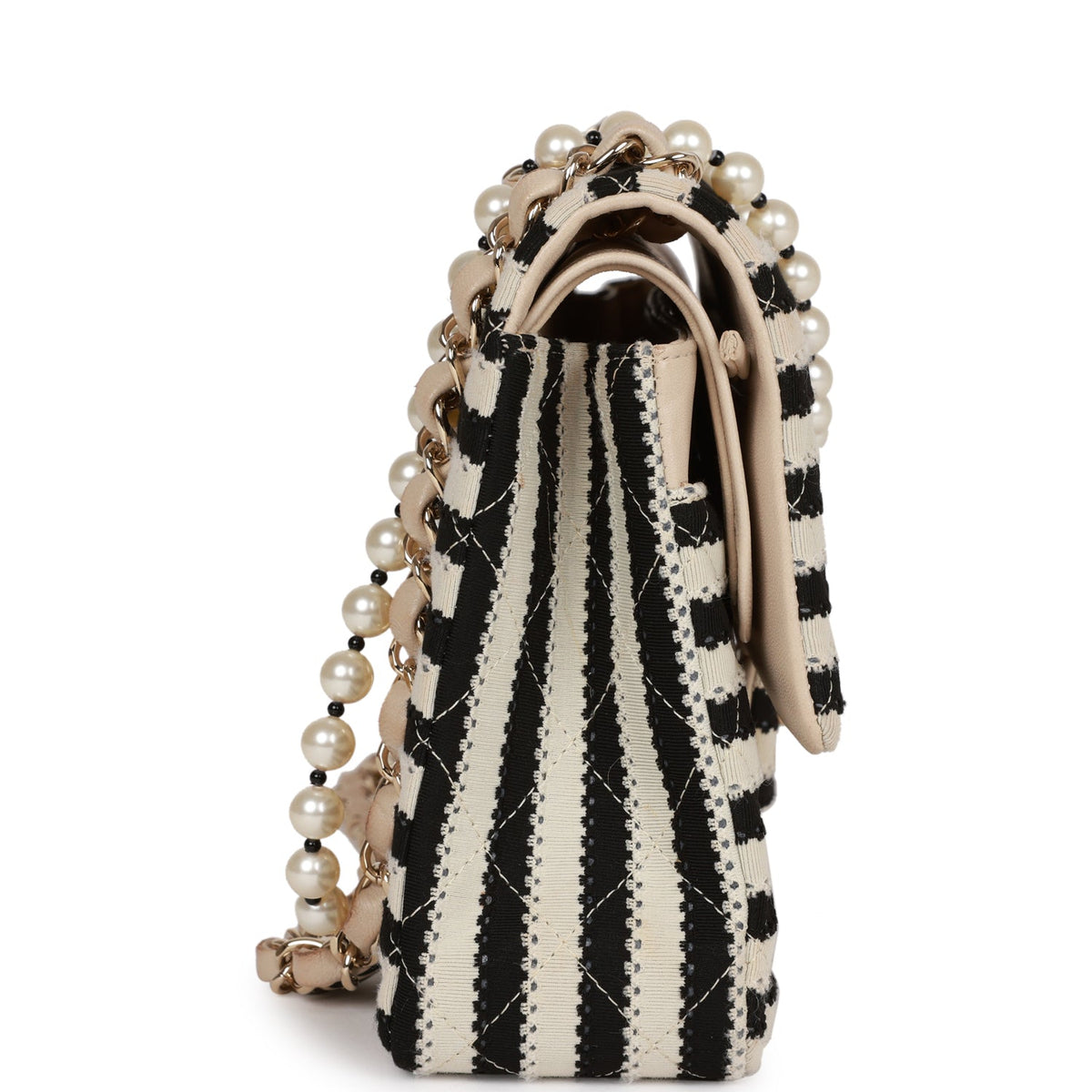 Chanel Medium Classic Double Flap Bag Black and Beige Striped Silk Light Gold Hardware