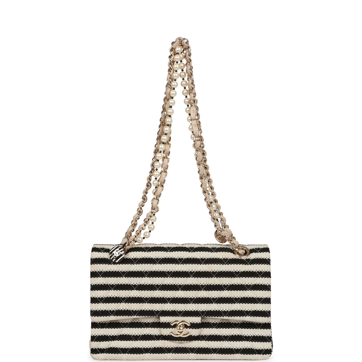 Chanel Medium Classic Double Flap Bag Black and Beige Striped Silk Light Gold Hardware