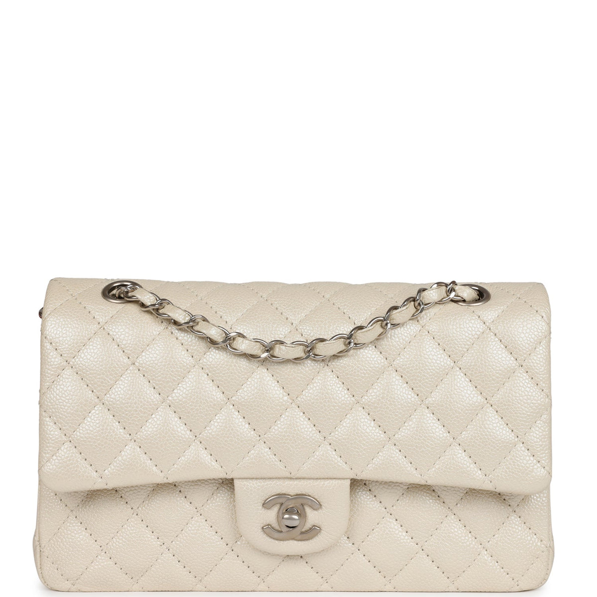 Chanel Medium Classic Double Flap Pearlescent Ivory Caviar Brushed Silver Hardware