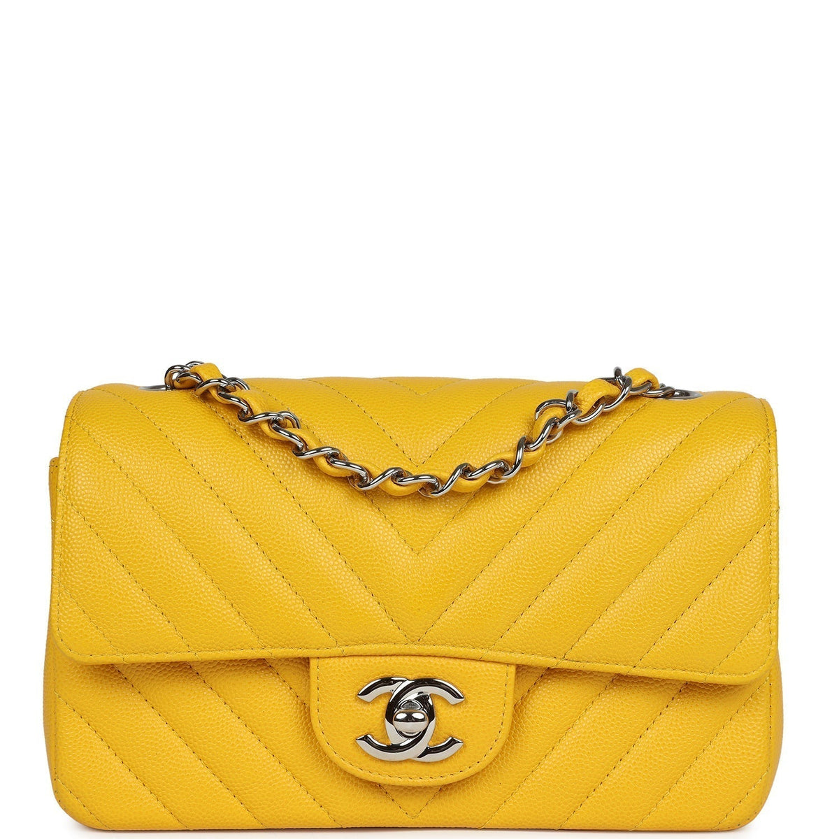 Chanel Mini Rectangular Flap Yellow Chevron Caviar Silver Hardware