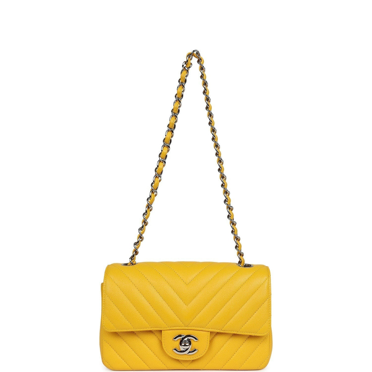 Chanel Mini Rectangular Flap Yellow Chevron Caviar Silver Hardware