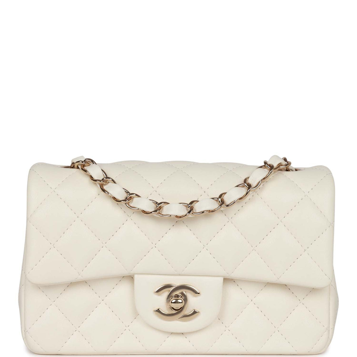 Chanel Mini Rectangular Flap Bag White Lambskin Light Gold Hardware