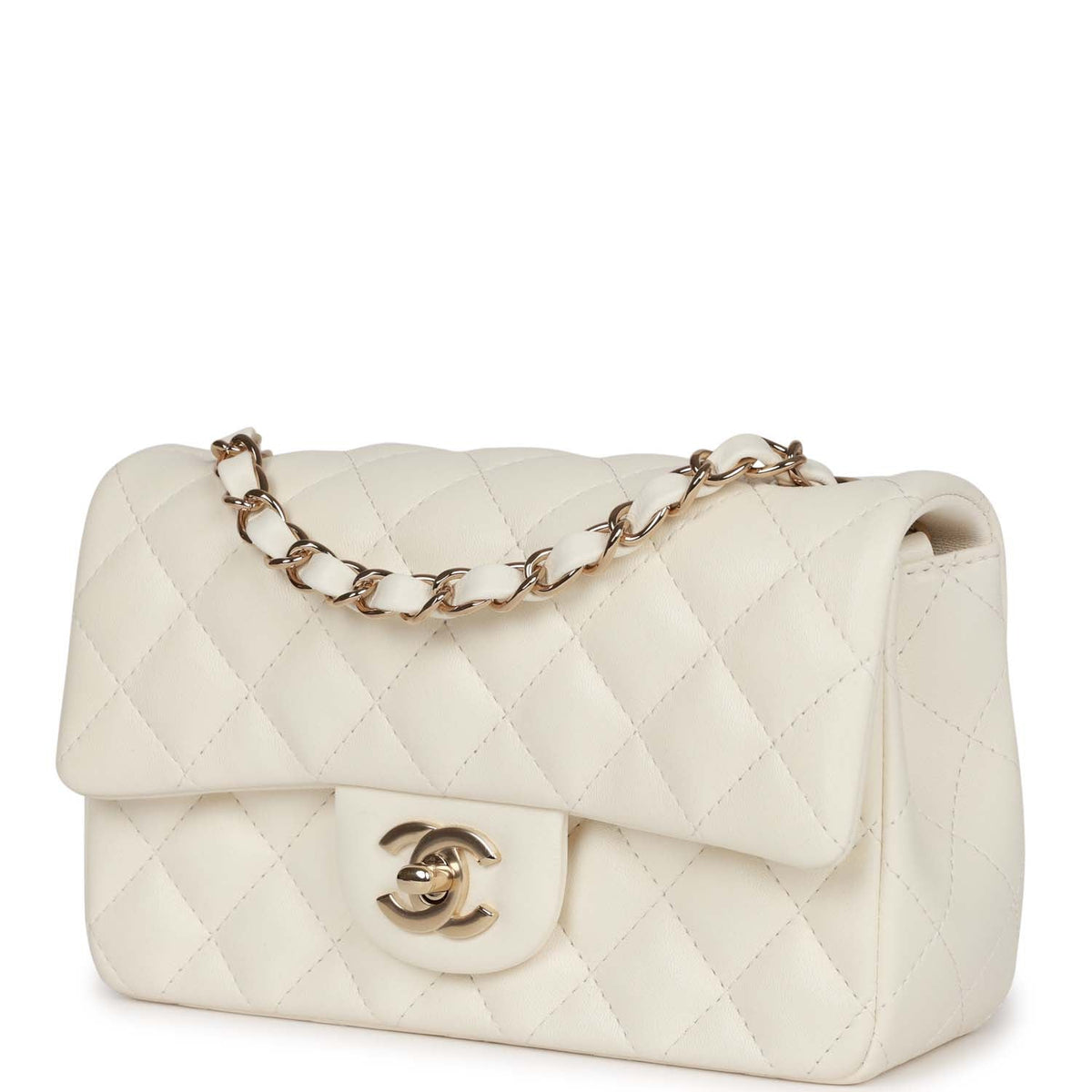 Chanel Mini Rectangular Flap Bag White Lambskin Light Gold Hardware