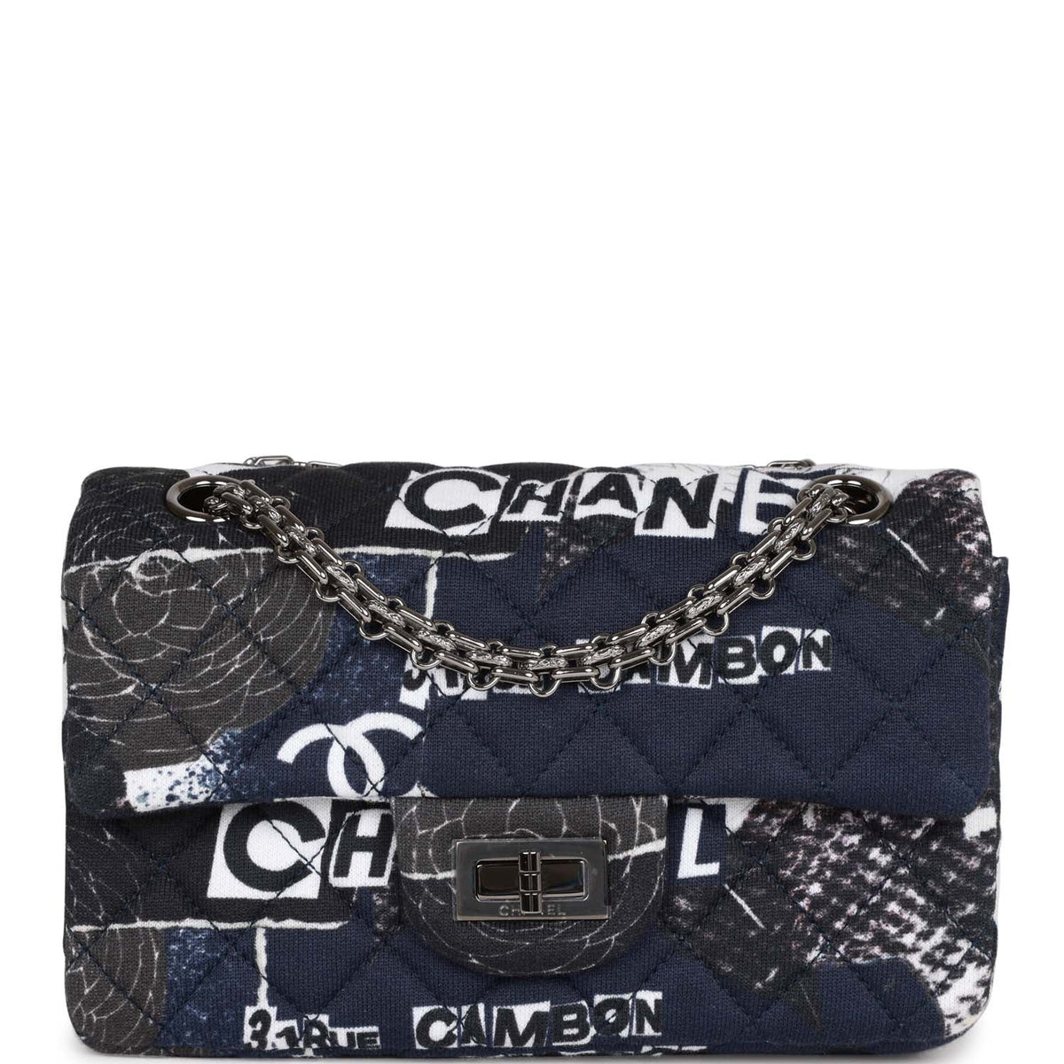 Chanel Mini Reissue . Flap Bag Navy Graffiti Jersey Ruthenium Hardware
