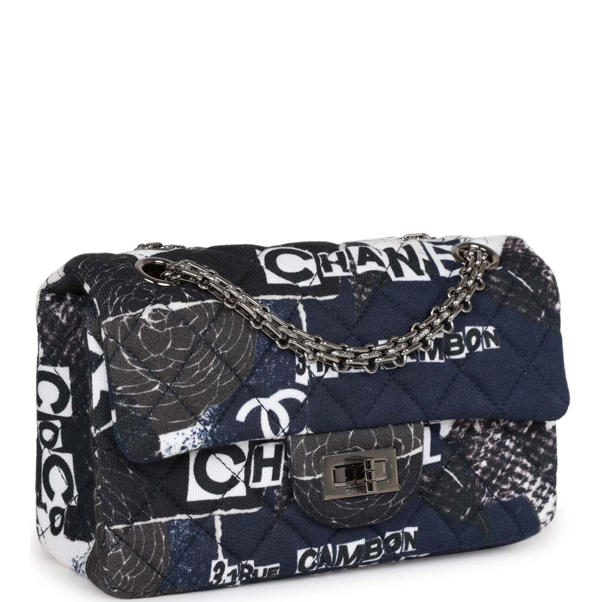 Chanel Mini Reissue . Flap Bag Navy Graffiti Jersey Ruthenium Hardware
