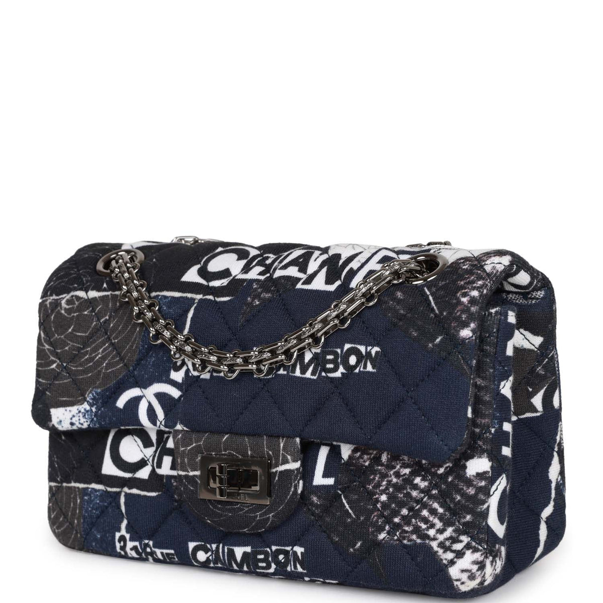 Chanel Mini Reissue . Flap Bag Navy Graffiti Jersey Ruthenium Hardware