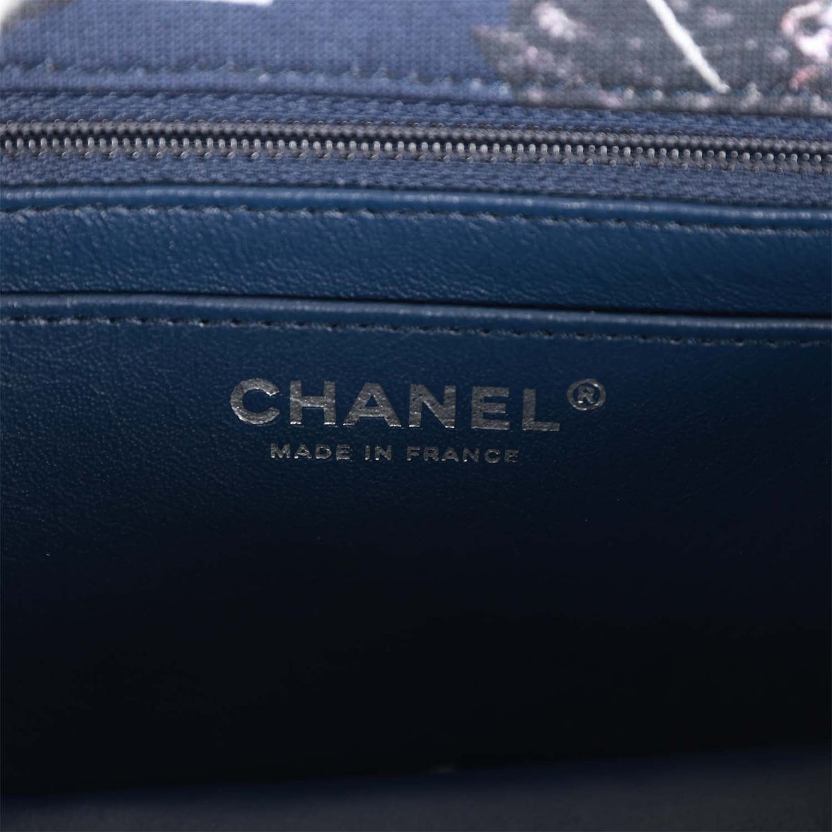 Chanel Mini Reissue . Flap Bag Navy Graffiti Jersey Ruthenium Hardware