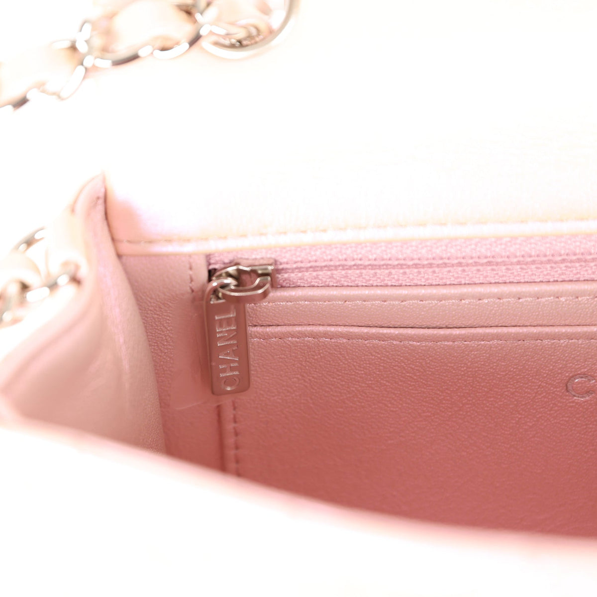 Chanel Mini Rectangular Flap Bag Pink Iridescent Calfskin Silver Hardware