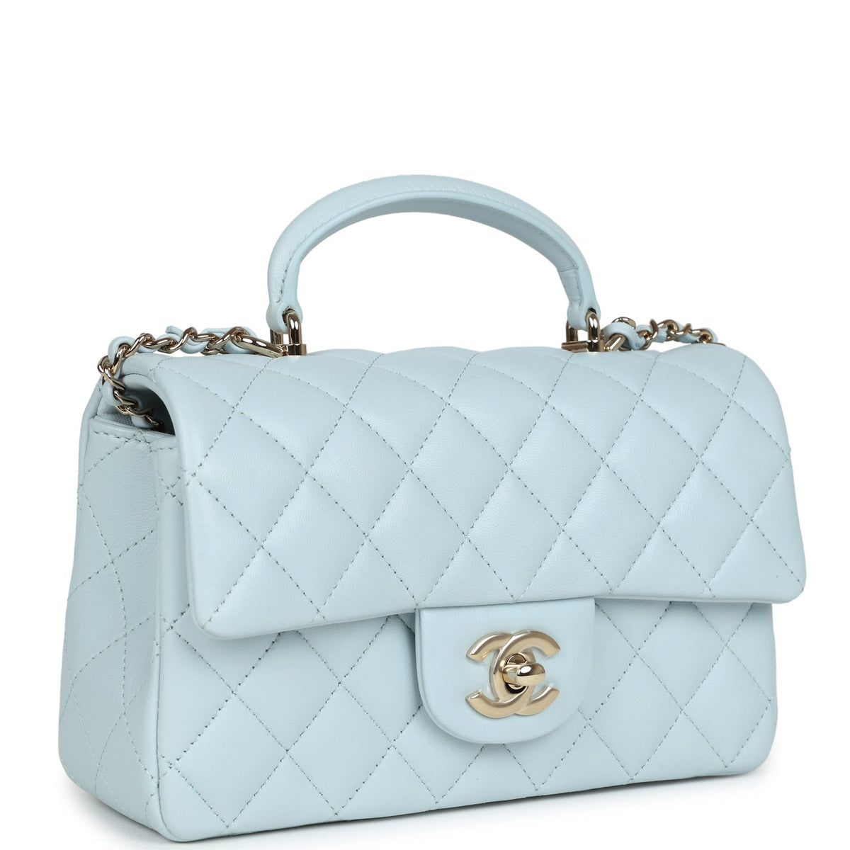 Chanel Mini Rectangular Flap with Top Handle Light Blue Lambskin Light Gold Hardware