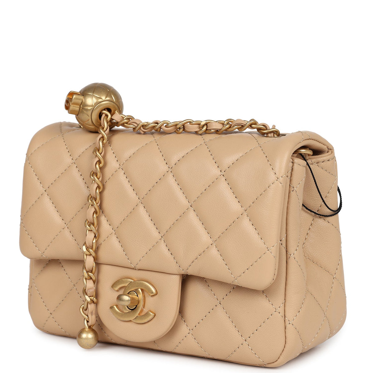 Chanel Mini Square Pearl Crush Flap Bag Beige Lambskin Aged Gold Hardware