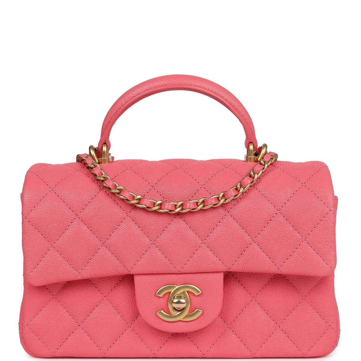 Chanel Mini Rectangular Flap with Top Handle Hot Pink Caviar Antique Gold Hardware