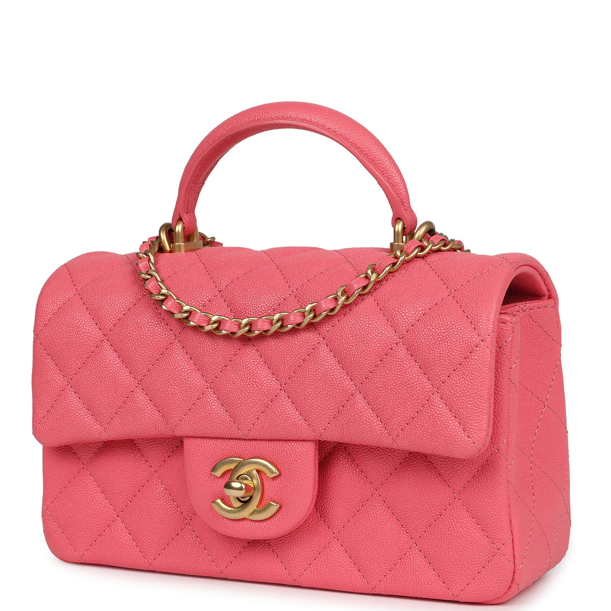Chanel Mini Rectangular Flap with Top Handle Hot Pink Caviar Antique Gold Hardware