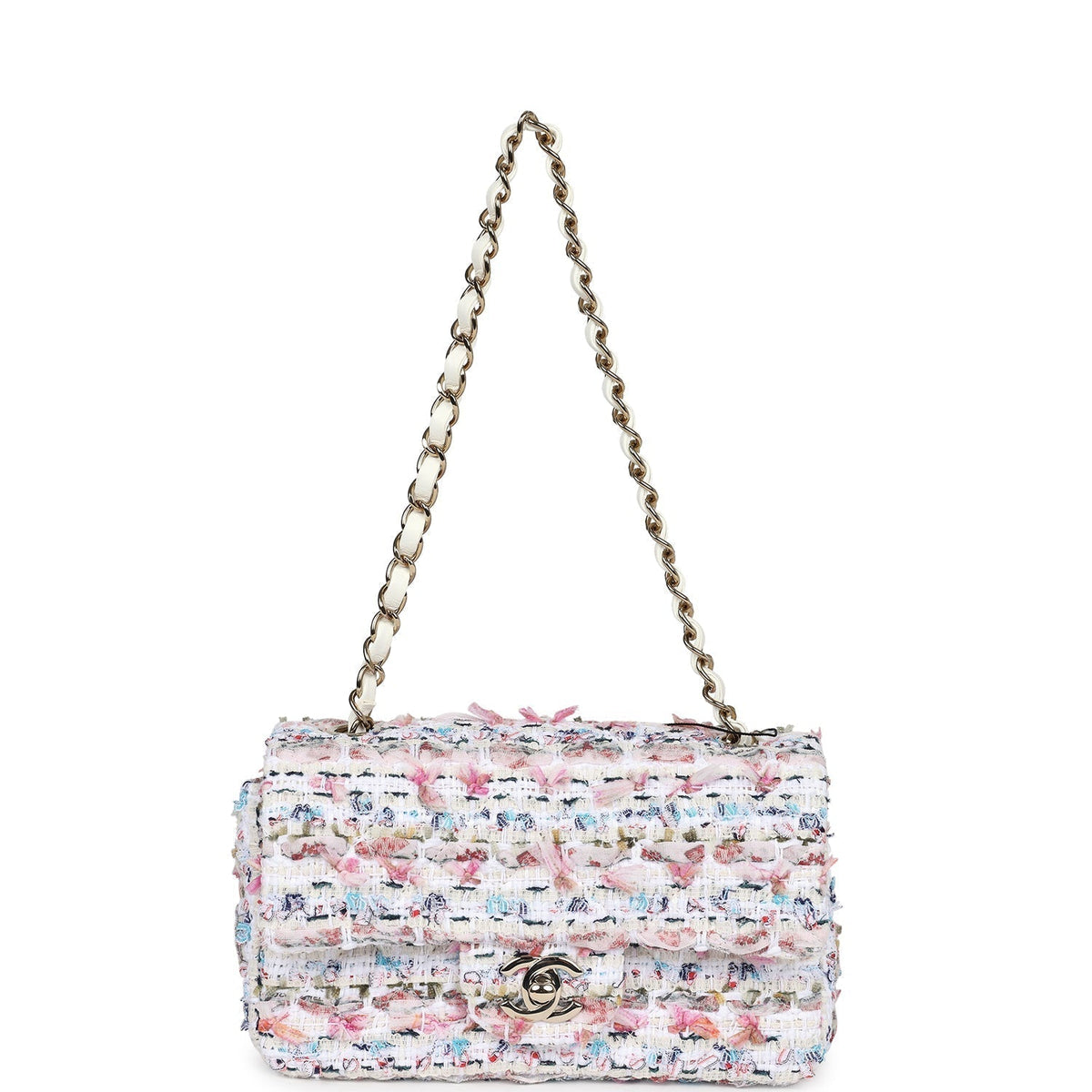 Chanel Mini Rectangular Flap Bag White/Pink/ Multicolored Tweed Light Gold Hardware