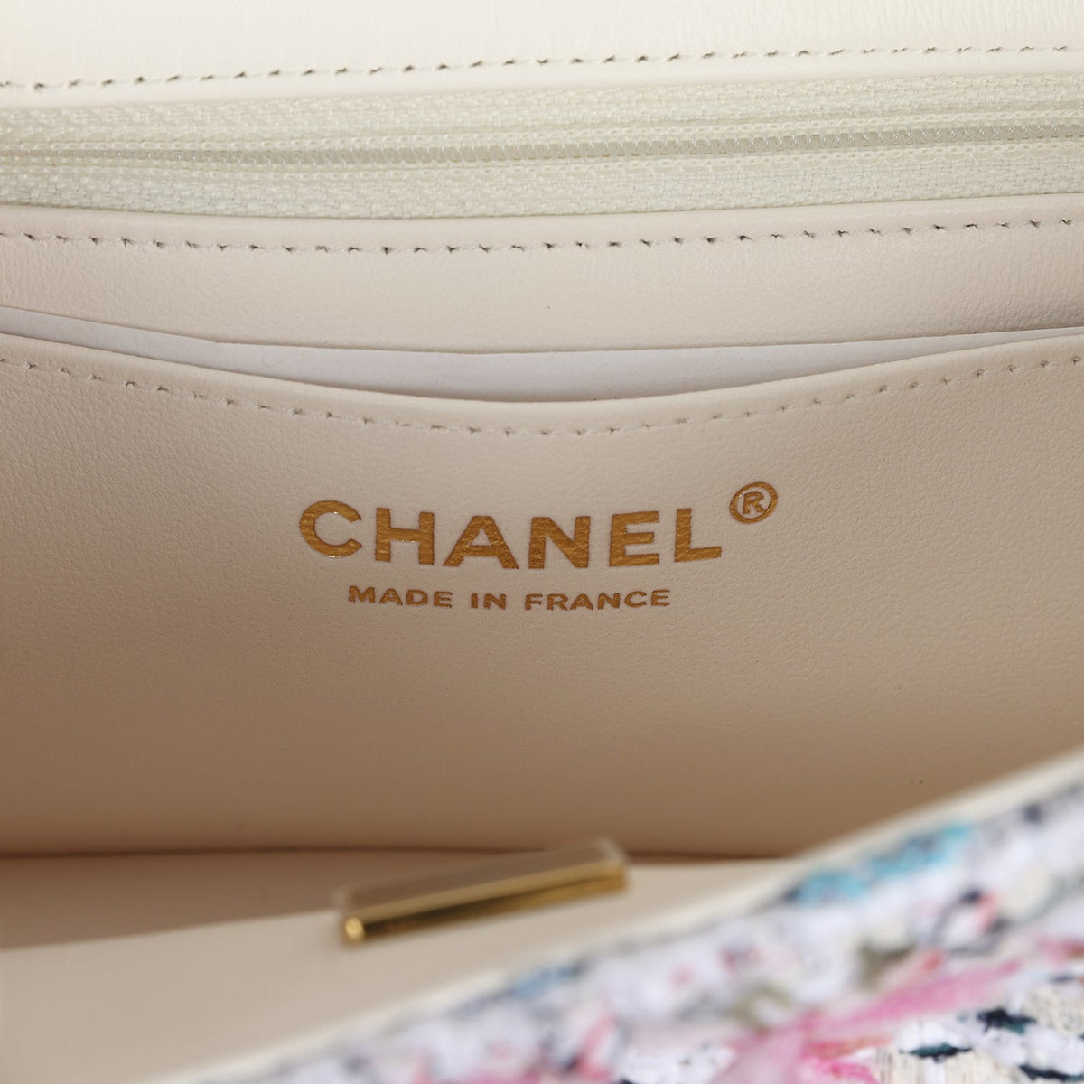 Chanel Mini Rectangular Flap Bag White/Pink/ Multicolored Tweed Light Gold Hardware