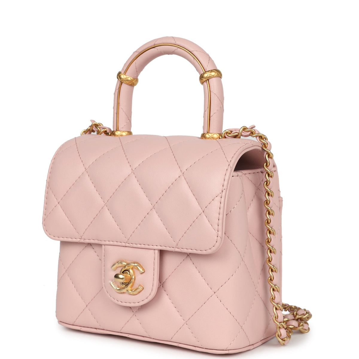 Chanel Mini Square Top Handle Flap Light Pink Lambskin Antique Gold Hardware