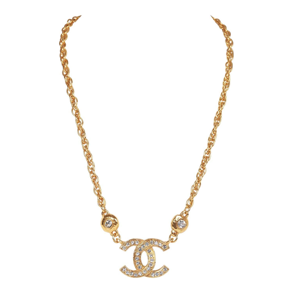 Vintage Chanel 24K Gold Plated Crystal Signature CC Logo Necklace