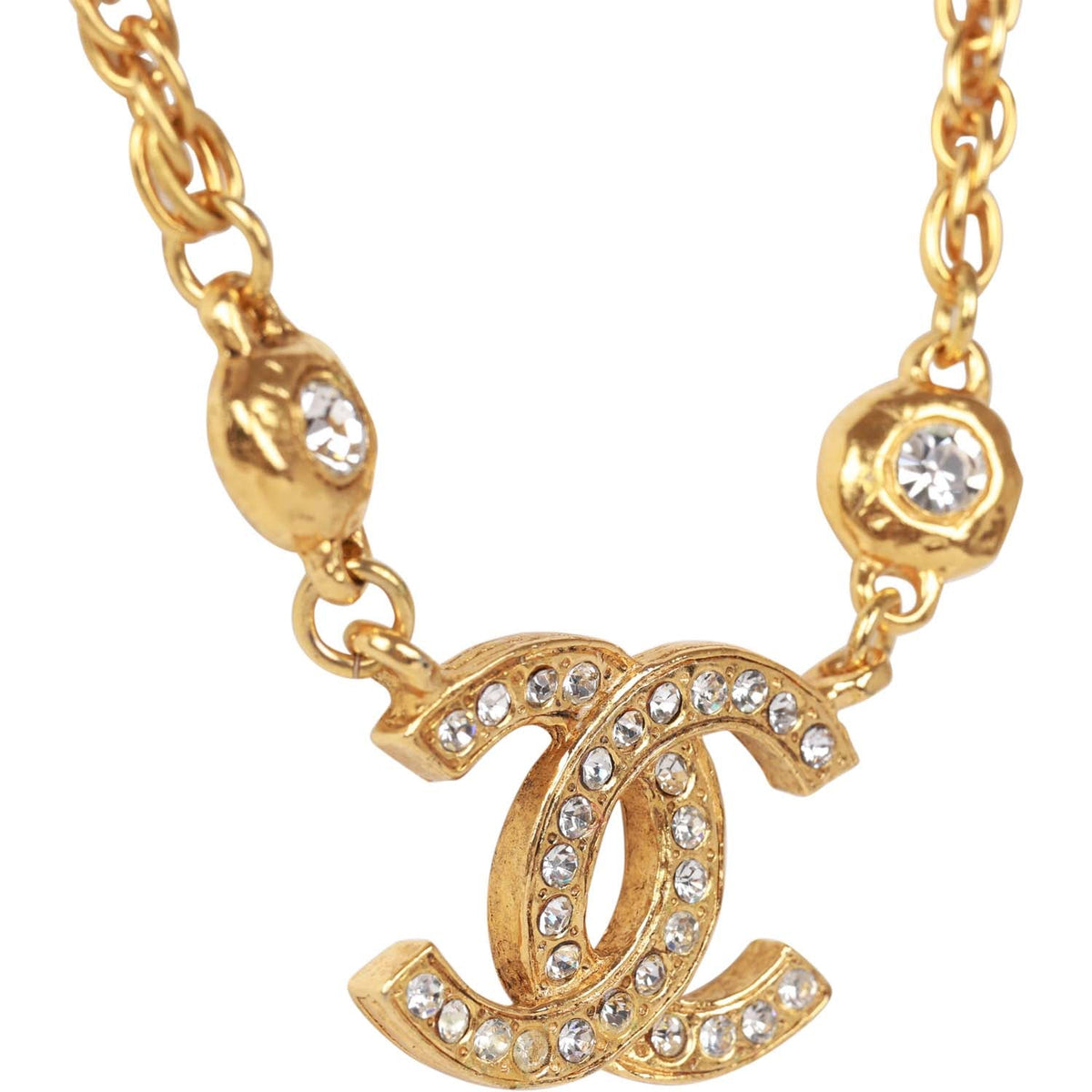 Vintage Chanel 24K Gold Plated Crystal Signature CC Logo Necklace