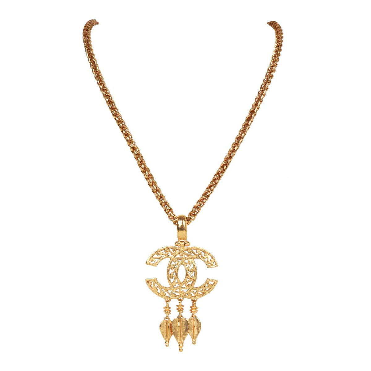 Vintage Chanel 24K Gold Plated Filigree Cut-Out CC Pendant Necklace