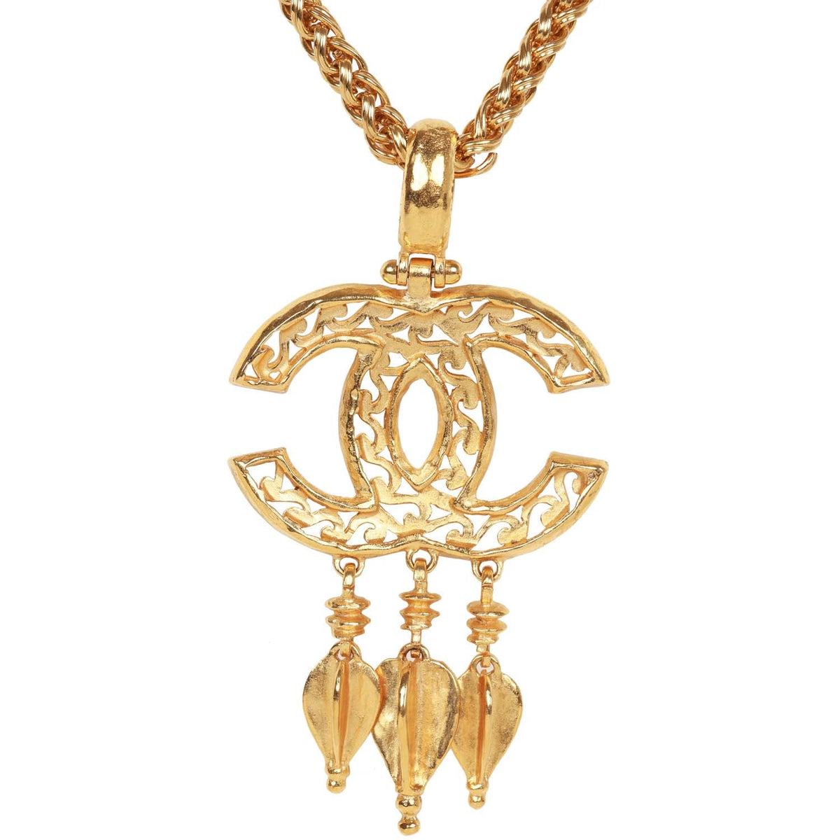 Vintage Chanel 24K Gold Plated Filigree Cut-Out CC Pendant Necklace