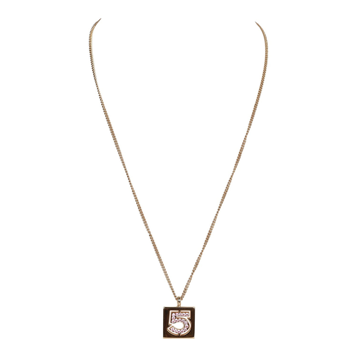 Vintage Chanel 24K Gold Plated Pink No.5 Rhinestone Pendant Necklace