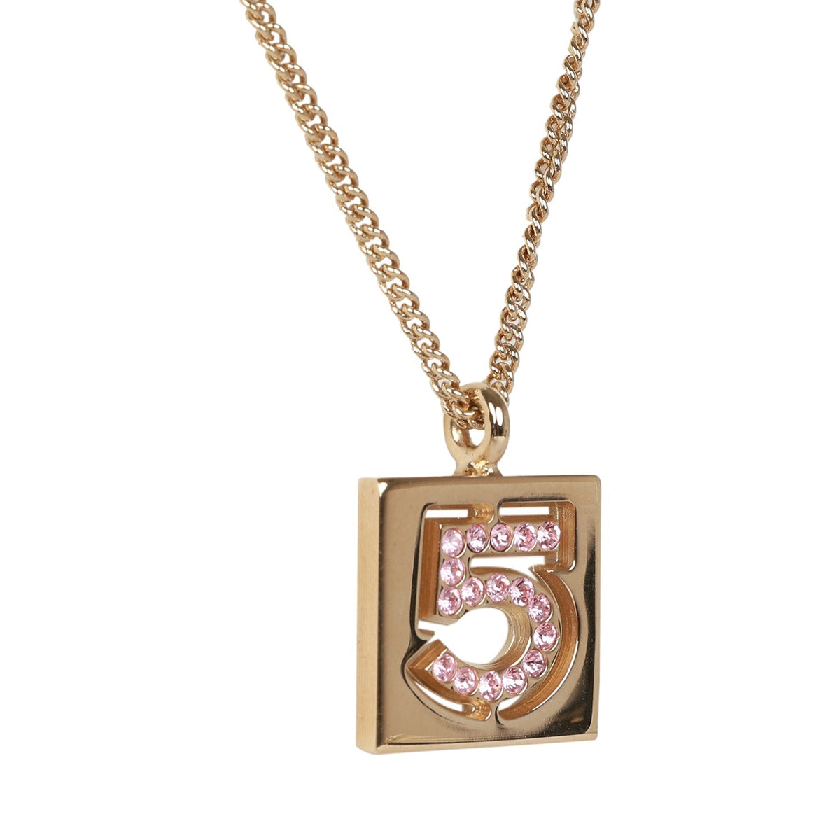 Vintage Chanel 24K Gold Plated Pink No.5 Rhinestone Pendant Necklace
