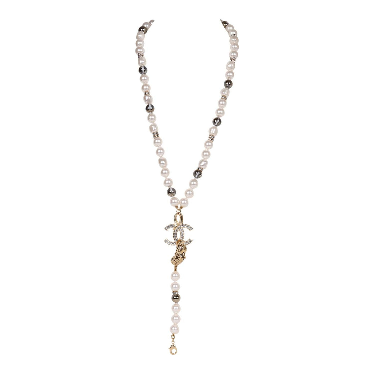 Chanel Layered Pearl, Gripoix, and Strass Gold Metal Fish Head Logo Necklace