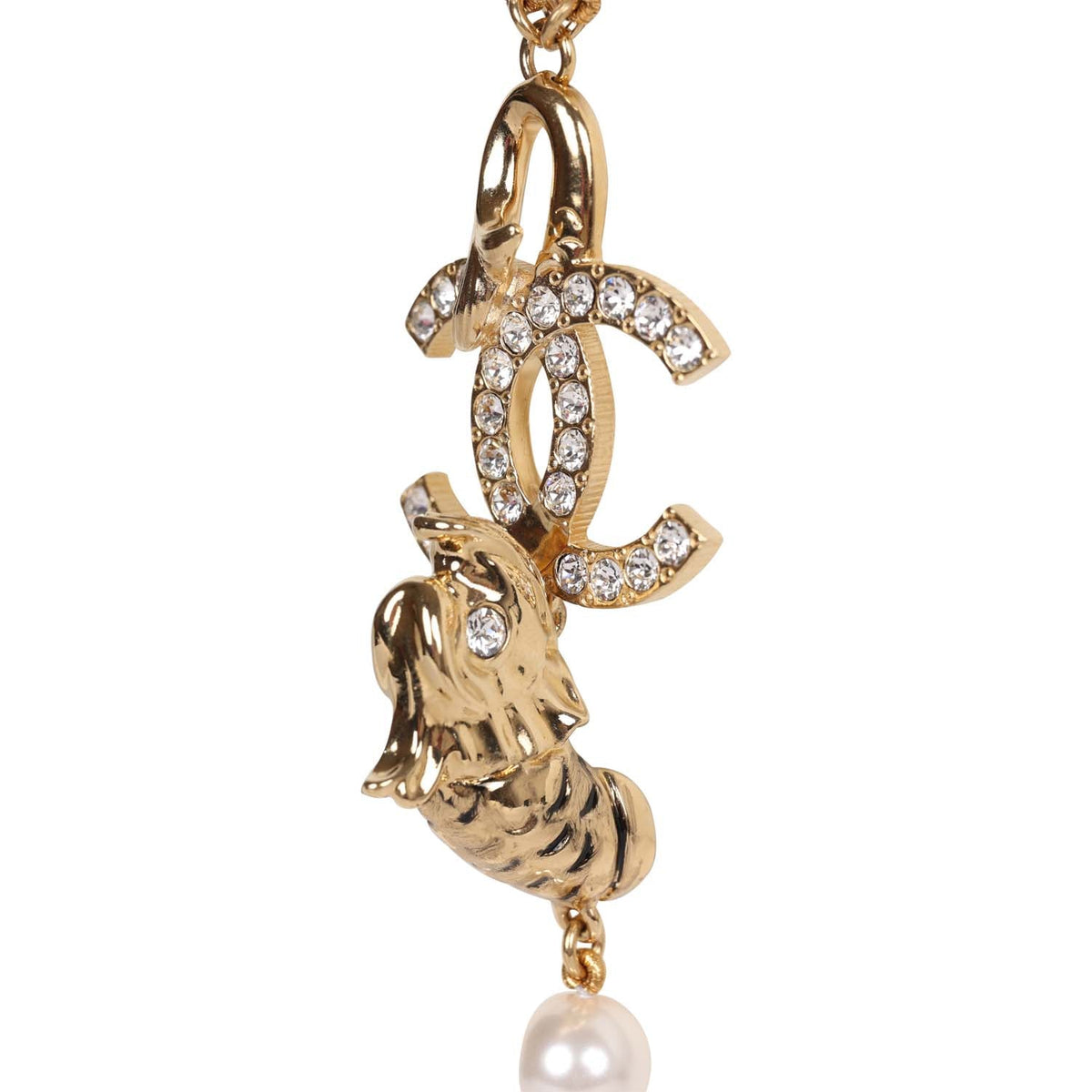 Chanel Layered Pearl, Gripoix, and Strass Gold Metal Fish Head Logo Necklace
