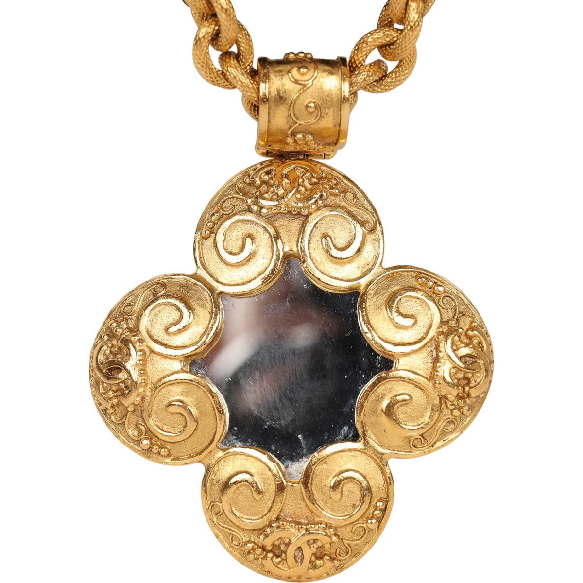 Vintage Chanel 24K Gold Plated Grapevine Mirror Pendant Necklace