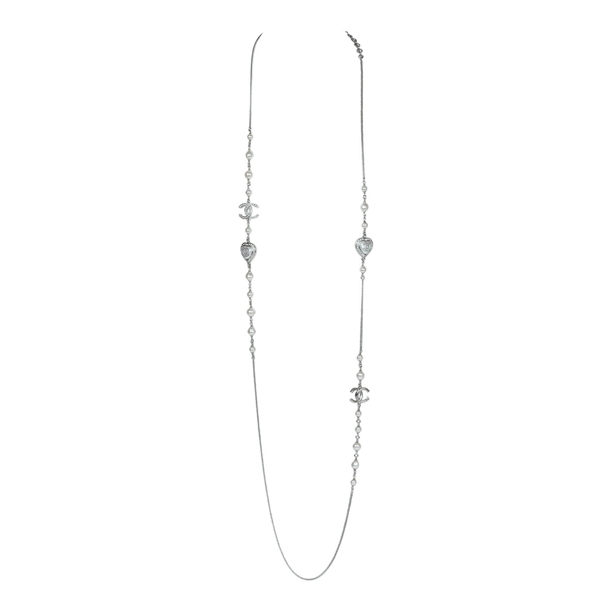 Chanel Silver Metal, White Strass, and White Pearl Logo and Hearts Sautoir Necklace