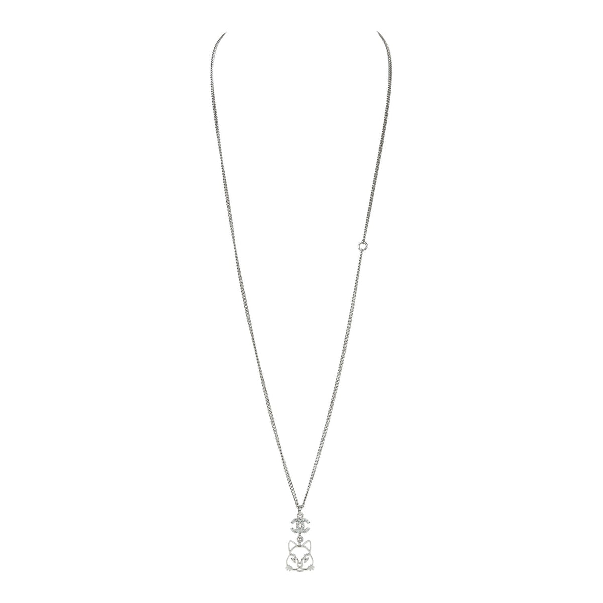 Chanel Silver CC Crystal Choupette Cat Emoji Pendant Necklace