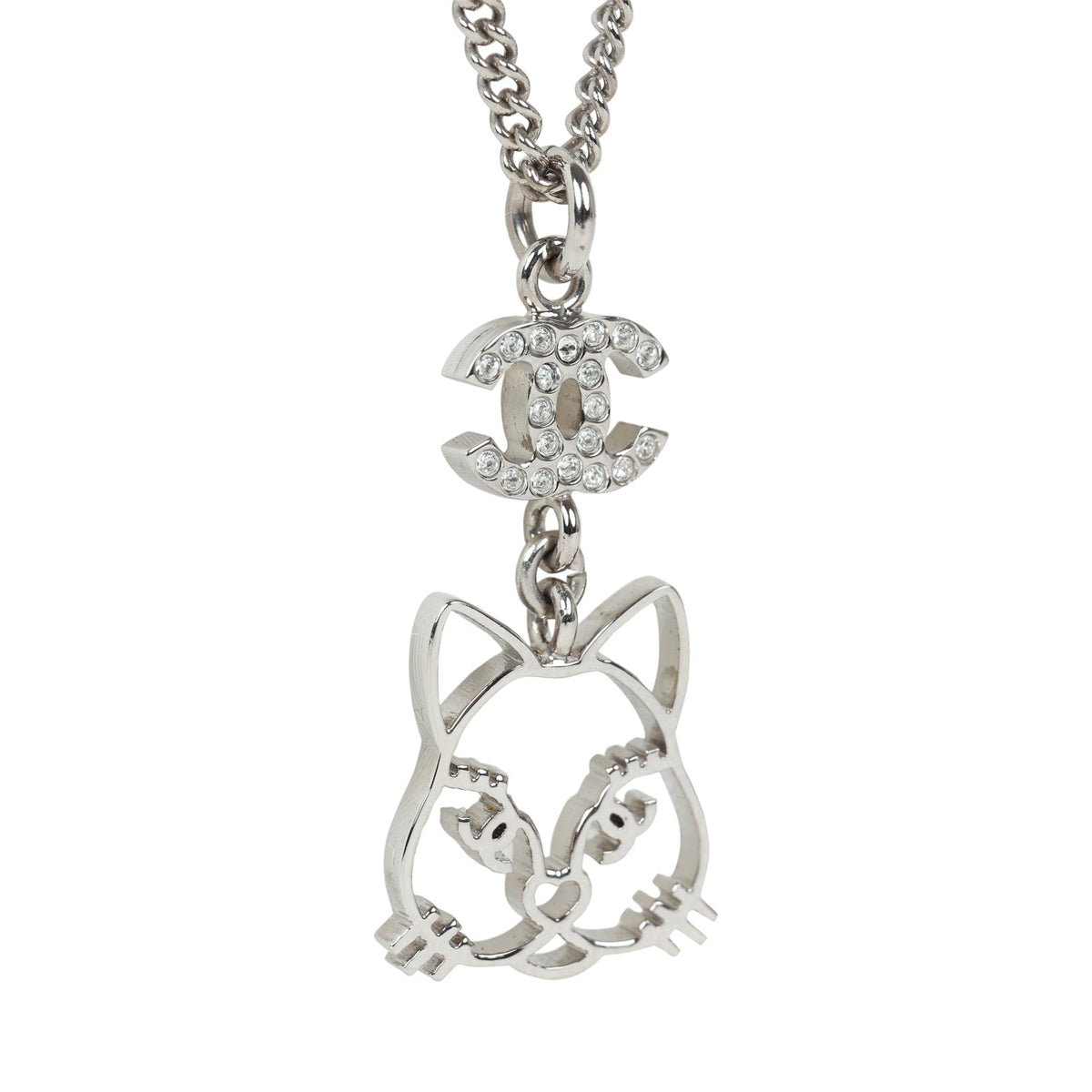 Chanel Silver CC Crystal Choupette Cat Emoji Pendant Necklace