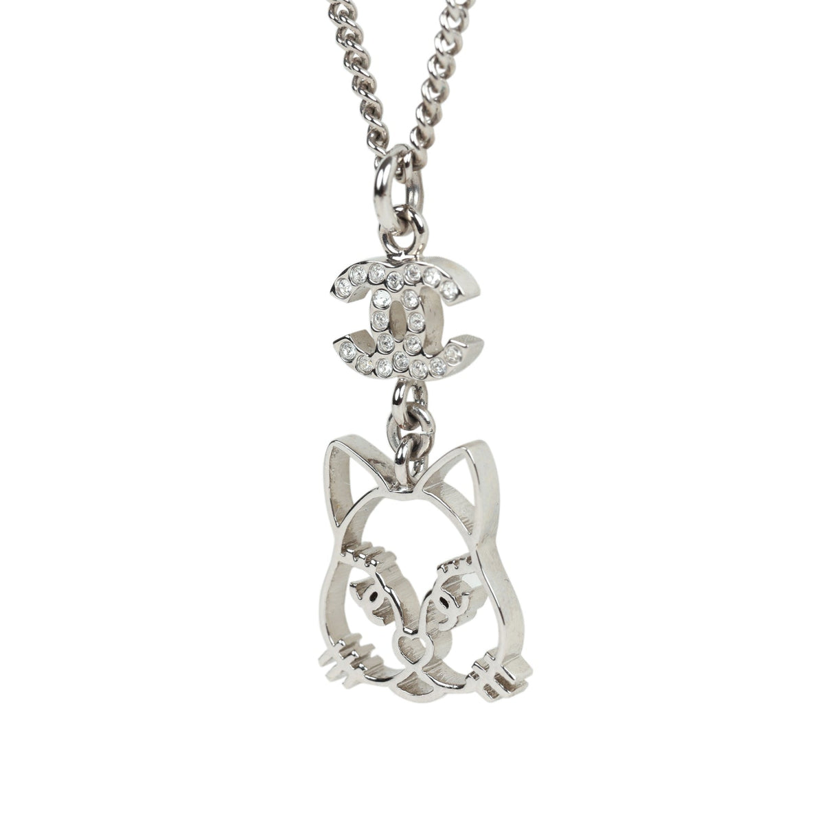 Chanel Silver CC Crystal Choupette Cat Emoji Pendant Necklace