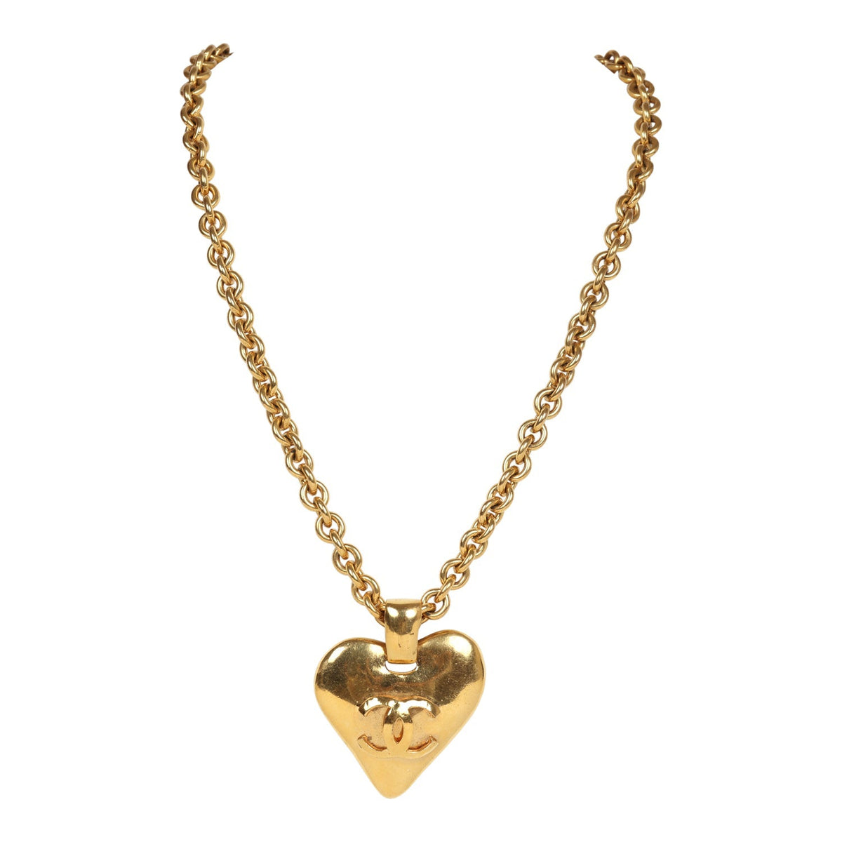 Vintage Chanel 24K Gold Plated Gold CC Heart Pendant Necklace