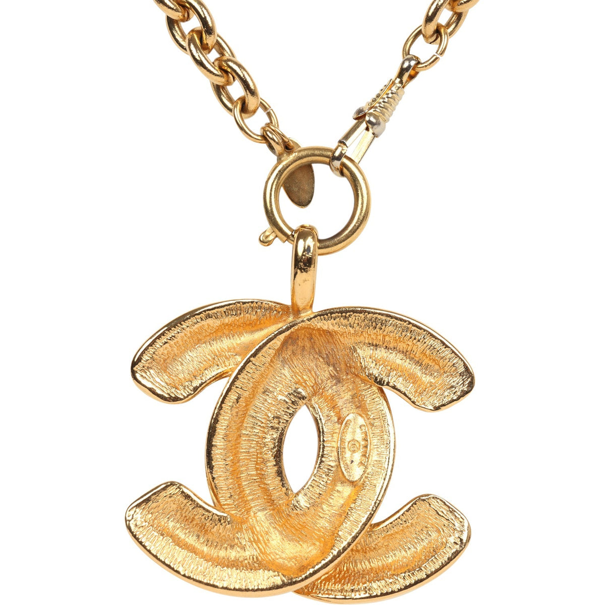 Vintage Chanel 24K Gold Plated Large CC Quilted Pendant Necklace