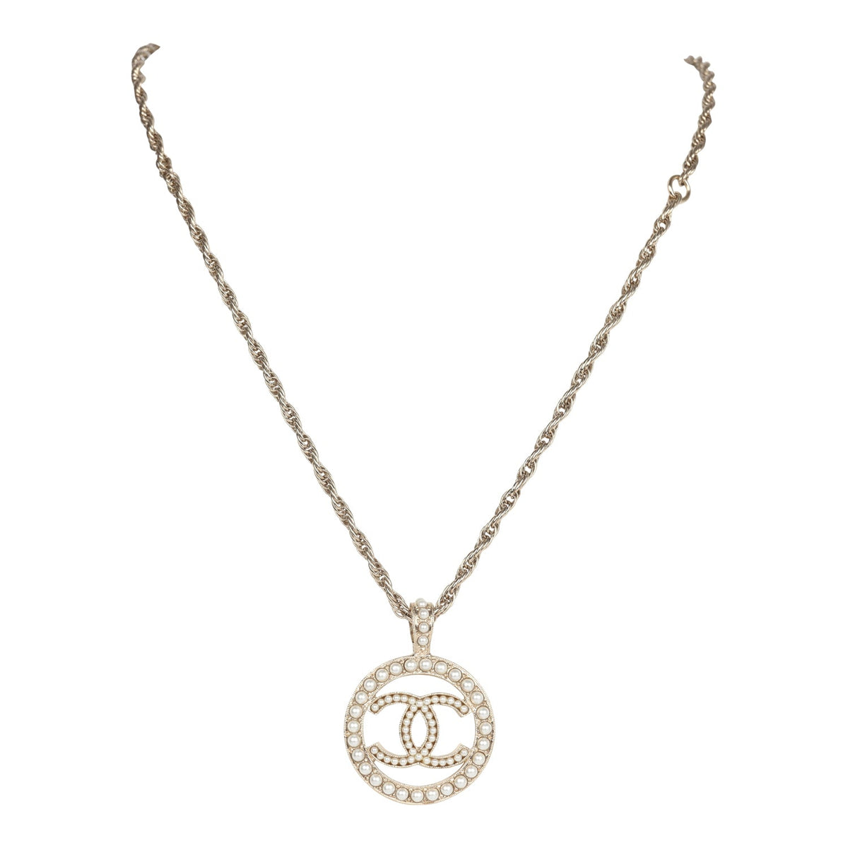 Chanel Round CC Pearl Pendant Necklace Light Gold Hardware
