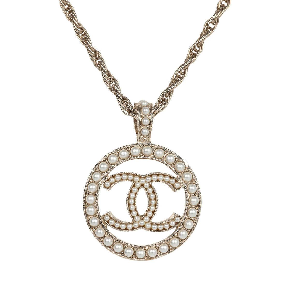 Chanel Round CC Pearl Pendant Necklace Light Gold Hardware