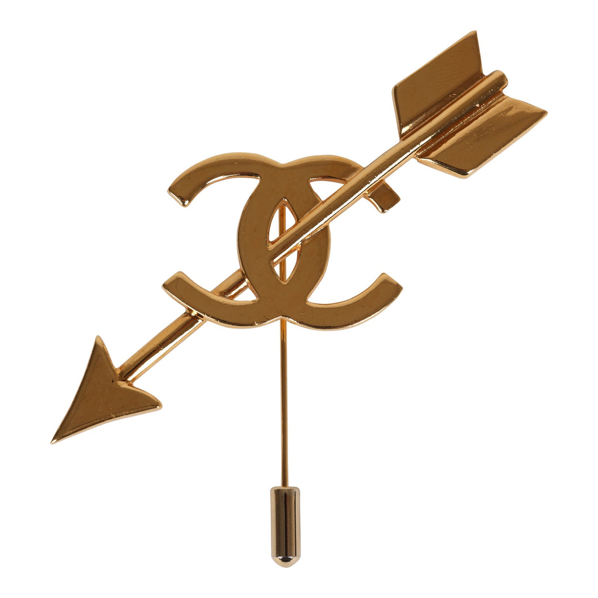 Vintage Chanel 24K Gold Plated CC Bow and Arrow Brooch