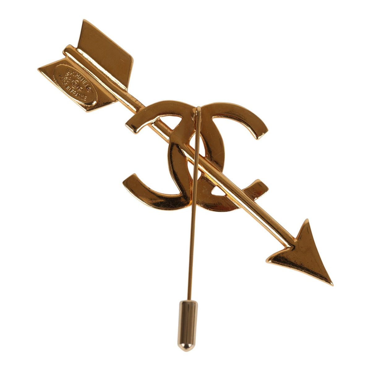 Vintage Chanel 24K Gold Plated CC Bow and Arrow Brooch