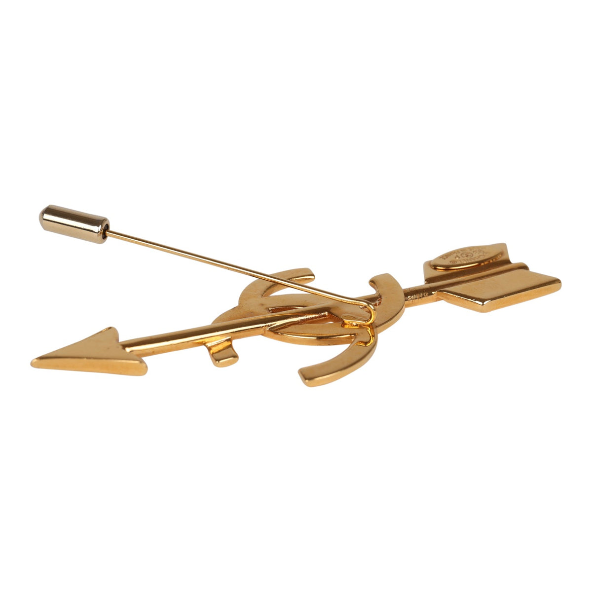 Vintage Chanel 24K Gold Plated CC Bow and Arrow Brooch