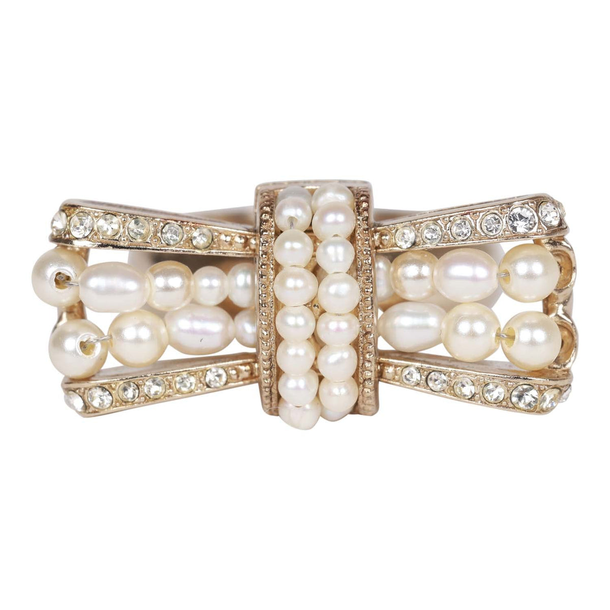 Chanel Gold CC Faux Pearl Bow Ring