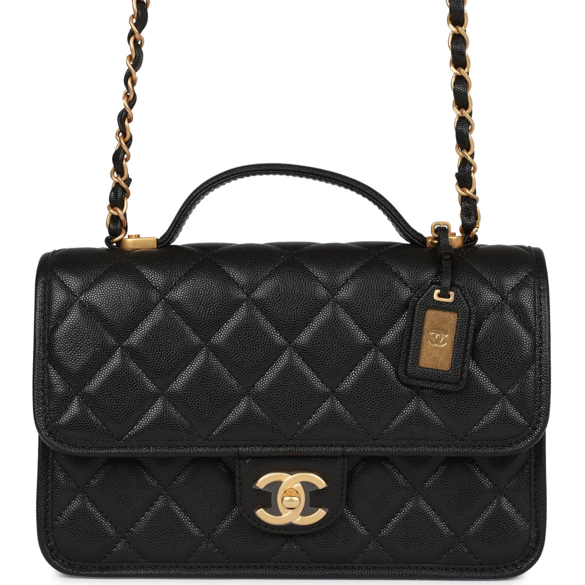 Chanel School Memory Top Handle Flap Bag Black Caviar Antique Gold Hardware