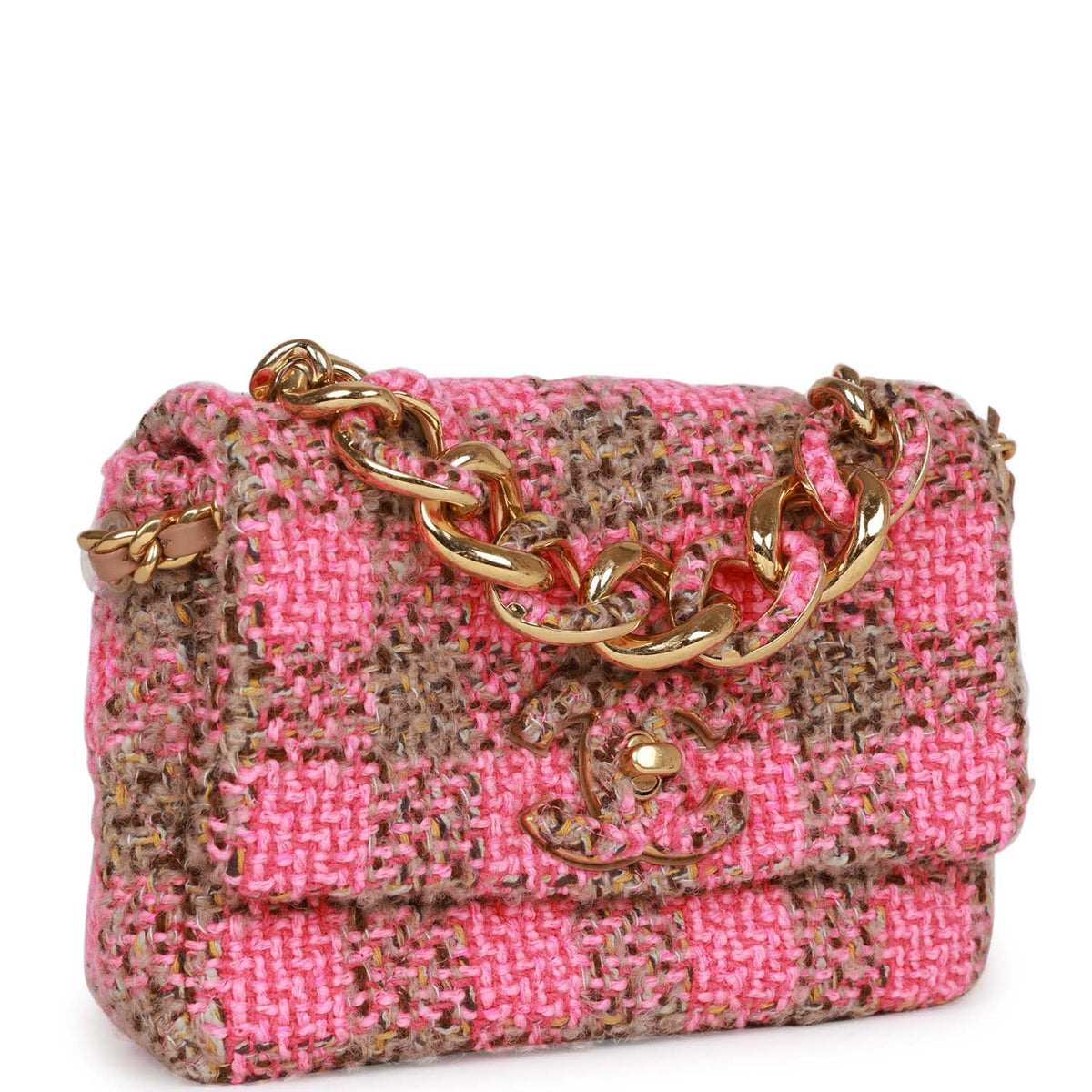 Chanel Small Elegant Chain Flap Bag Pink and Beige Tweed Gold Hardware