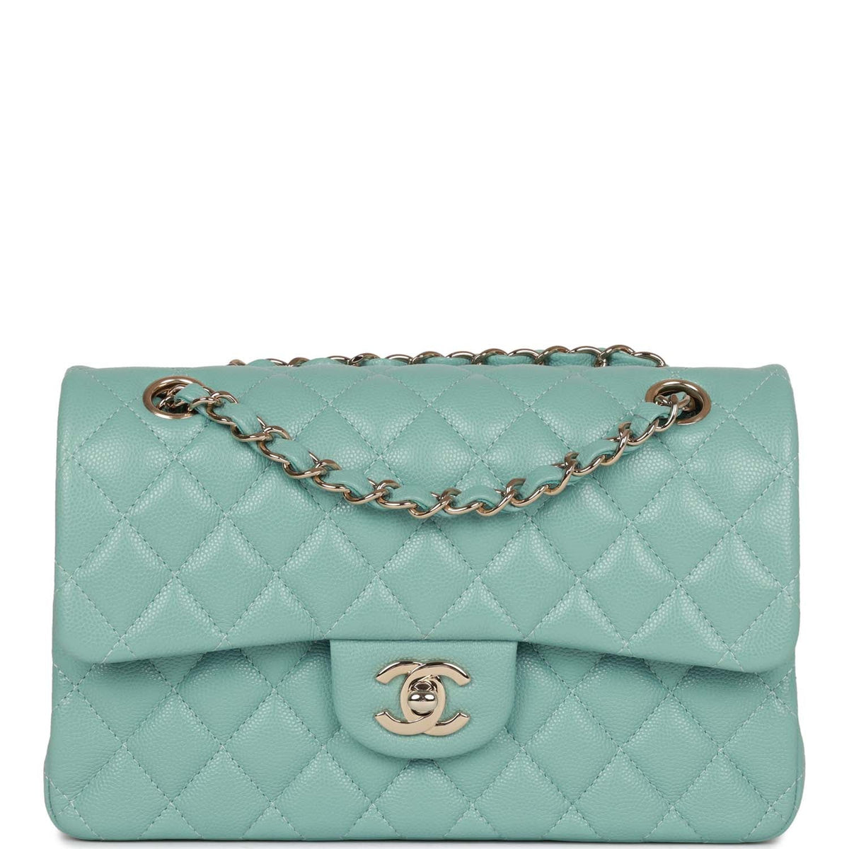 Chanel Small Classic Double Flap Bag Tiffany Blue Caviar Light Gold Hardware