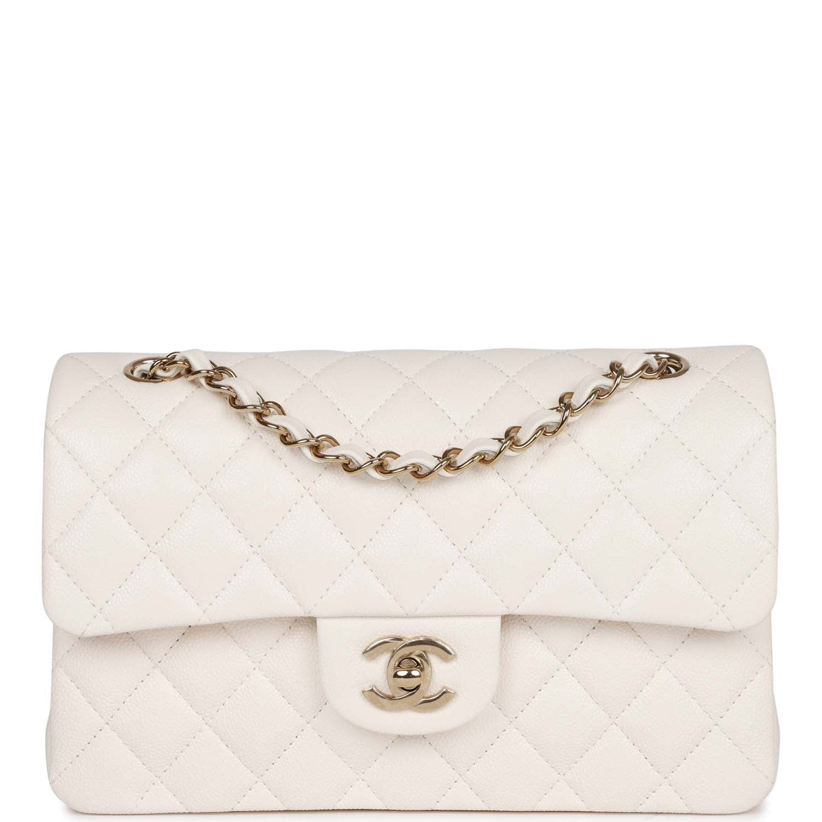 Chanel Small Classic Double Flap Bag White Caviar Light Gold Hardware