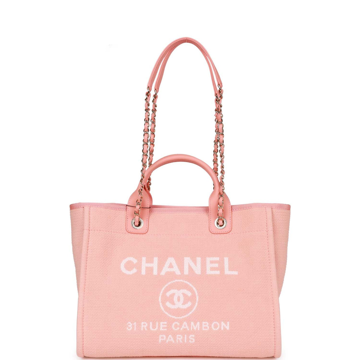 Chanel Small Deauville Shopping Bag Pink Boucle Light Gold Hardware