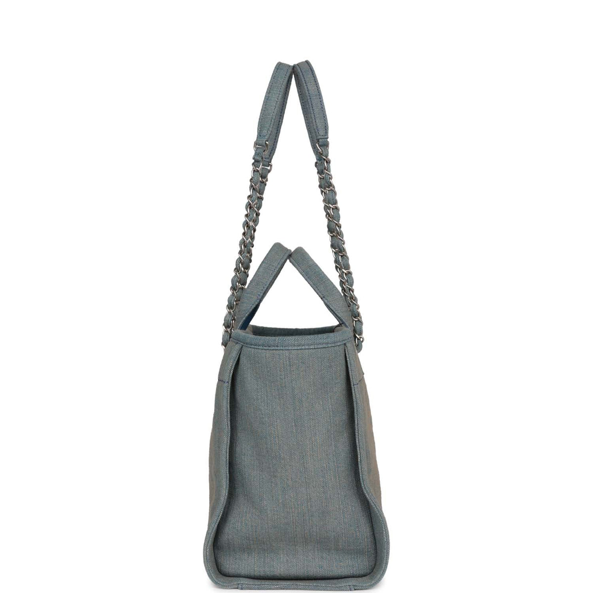 Chanel Small Deauville Shopping Bag Distressed Blue Denim Aged Silver Hardware