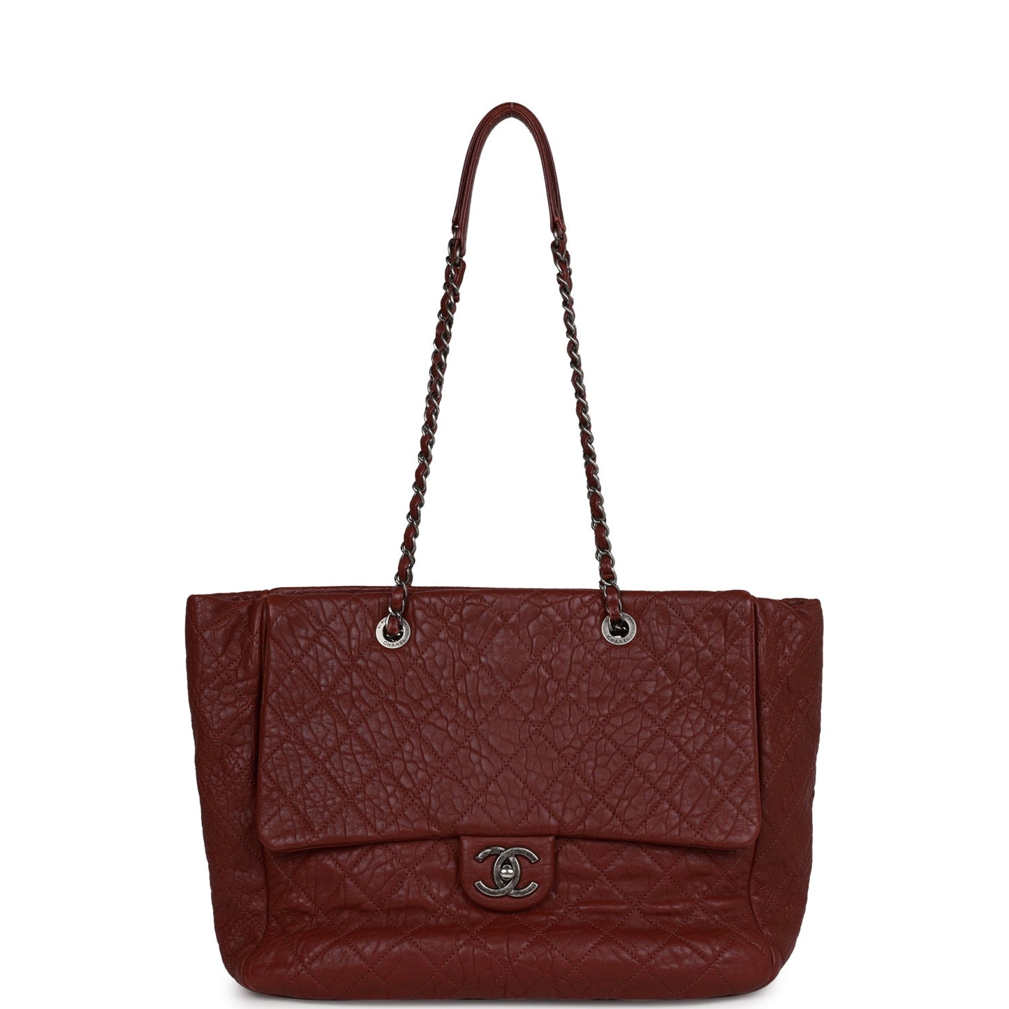 Chanel Large Duo Tote Bag Burgundy Calfskin Ruthenium Hardware